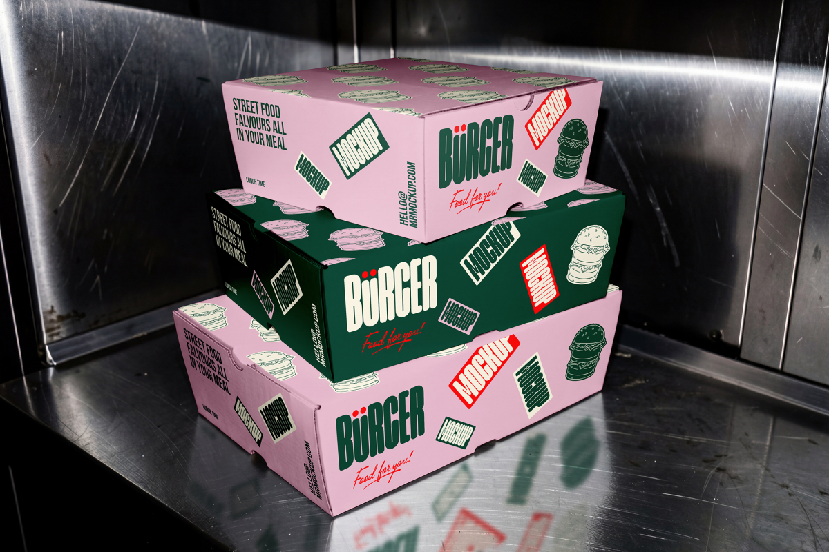A stack of three burger-style delivery boxes on a stainless steel kitchen counter. The middle box is dark green with white branding, while the top and bottom boxes are light pink with dark green logos and red mockup stickers.