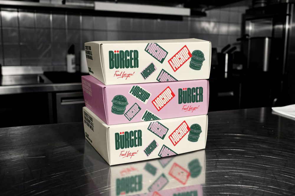 A stack of three rectangular takeout boxes resting on a reflective stainless steel kitchen counter. The middle box is light pink, while the top and bottom boxes are cream-colored. Each box features dark green branding, burger illustrations, and several mockup sticker graphics.