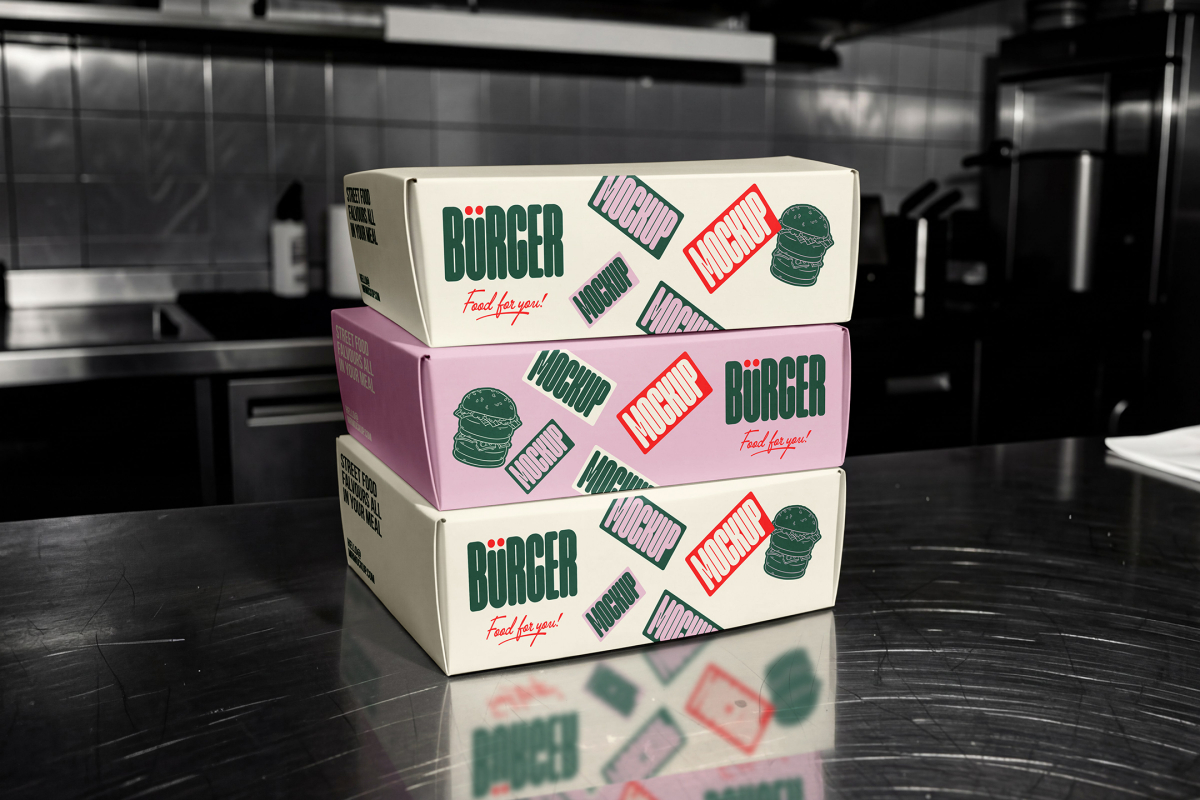 A stack of three rectangular takeout boxes resting on a reflective stainless steel kitchen counter. The middle box is light pink, while the top and bottom boxes are cream-colored. Each box features dark green branding, burger illustrations, and several mockup sticker graphics.