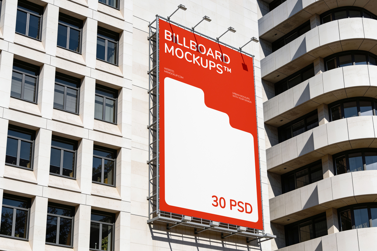 Tall vertical outdoor building banner mounted on a multi-story facade with overhead lighting fixtures.