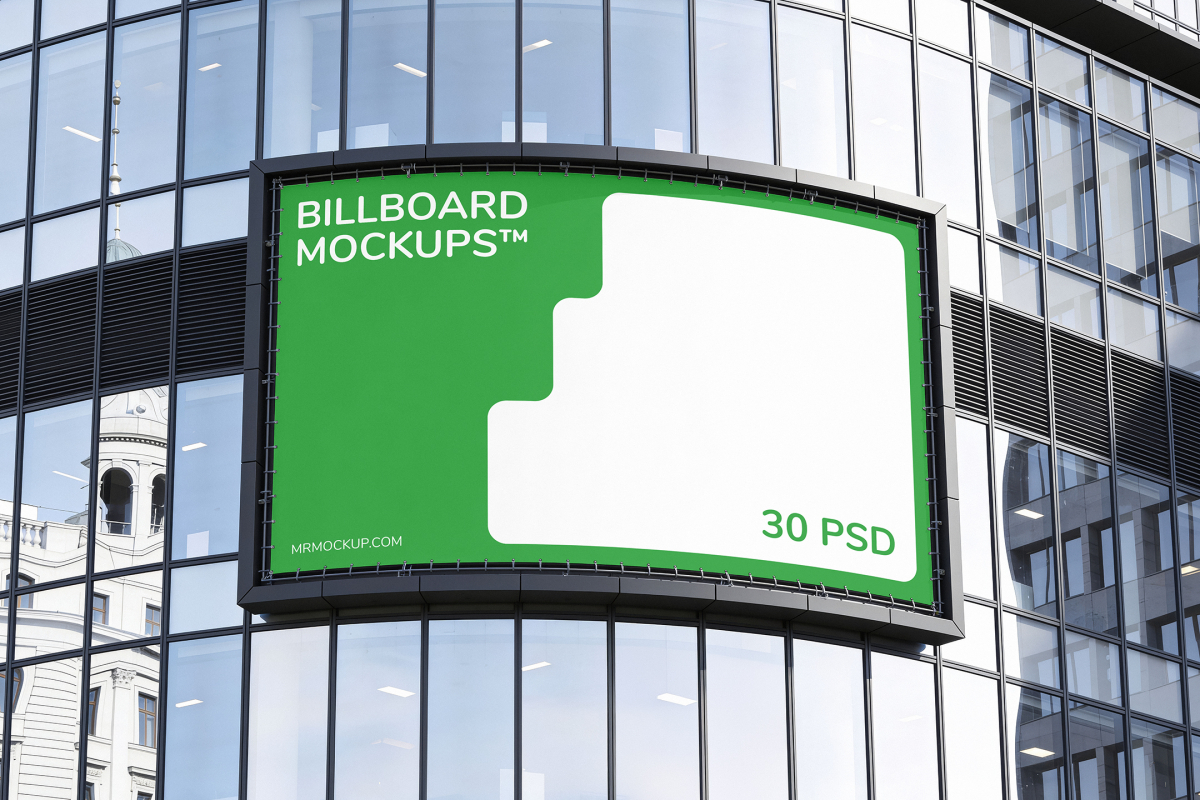 Curved horizontal billboard screen mounted on the glass facade of a modern high-rise building.
