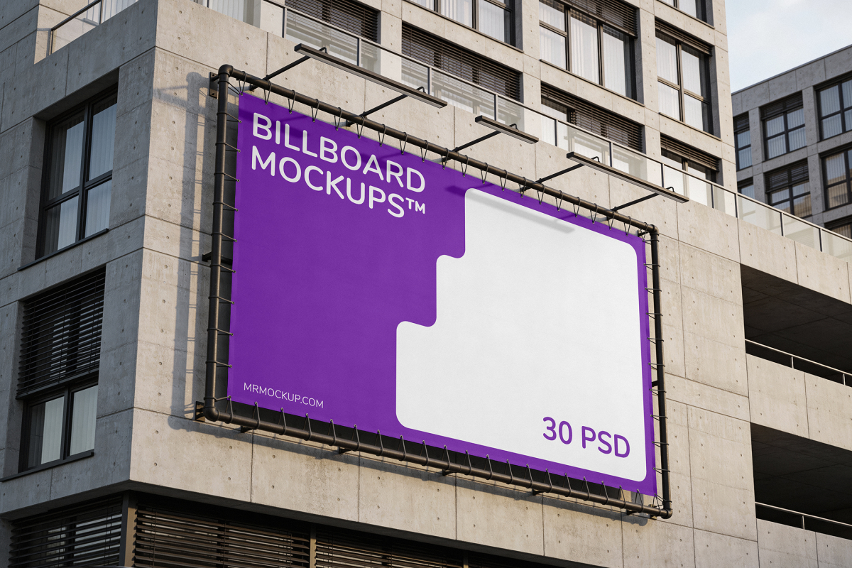 Large horizontal ad banner stretched on a black metal frame attached to a modern concrete building facade.