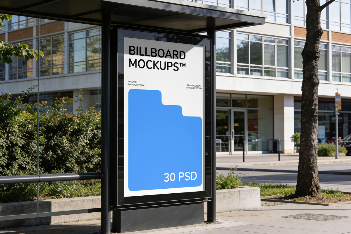 Vertical billboard mockup inside a glass bus shelter on a sunny city sidewalk, with modern office buildings in the background.