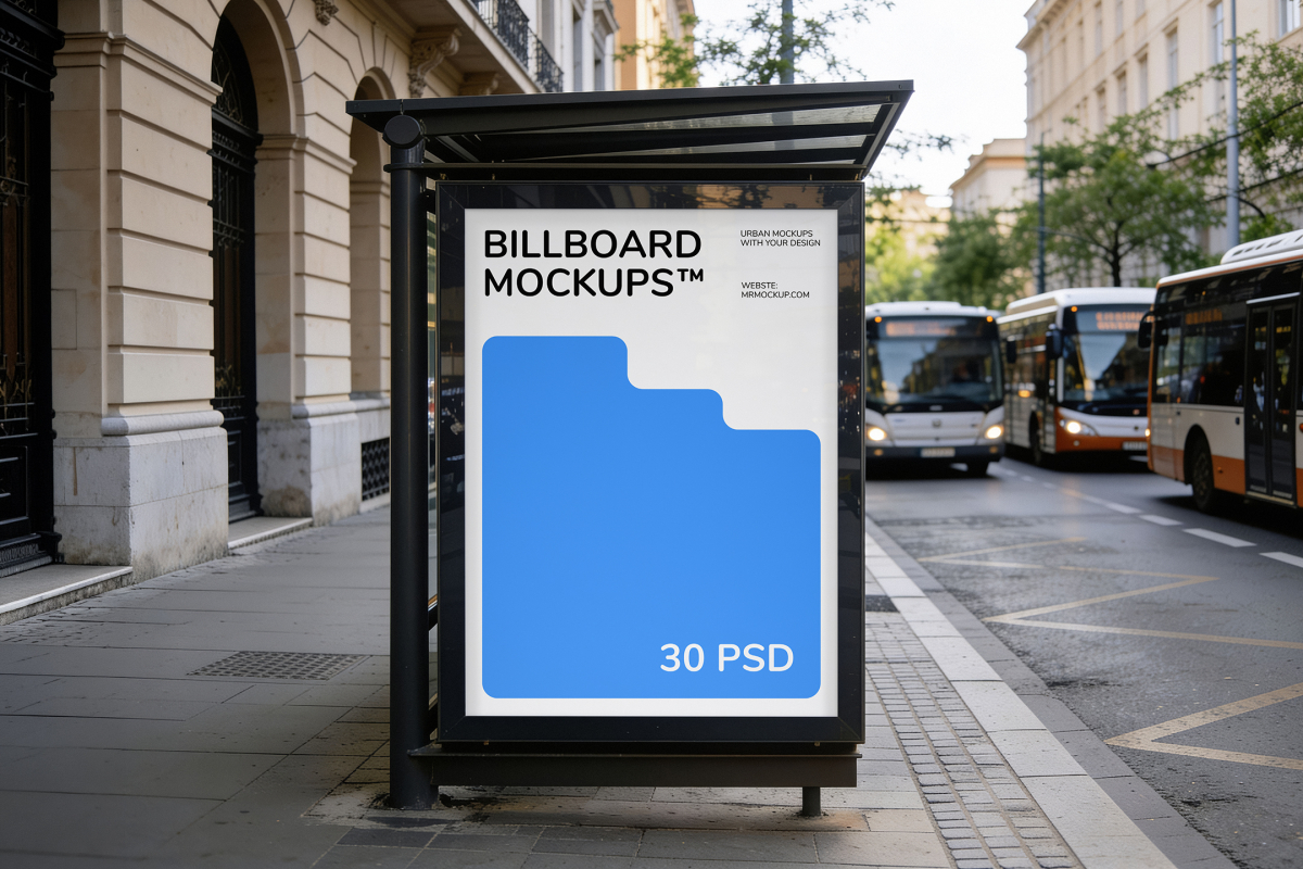 Vertical bus stop ad display frame on a city sidewalk with city buses driving past in the background.