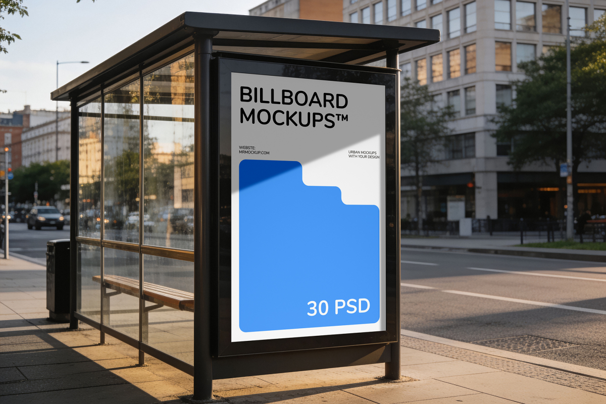 Vertical ad display frame integrated into a glass bus stop shelter on an urban sidewalk during golden hour.