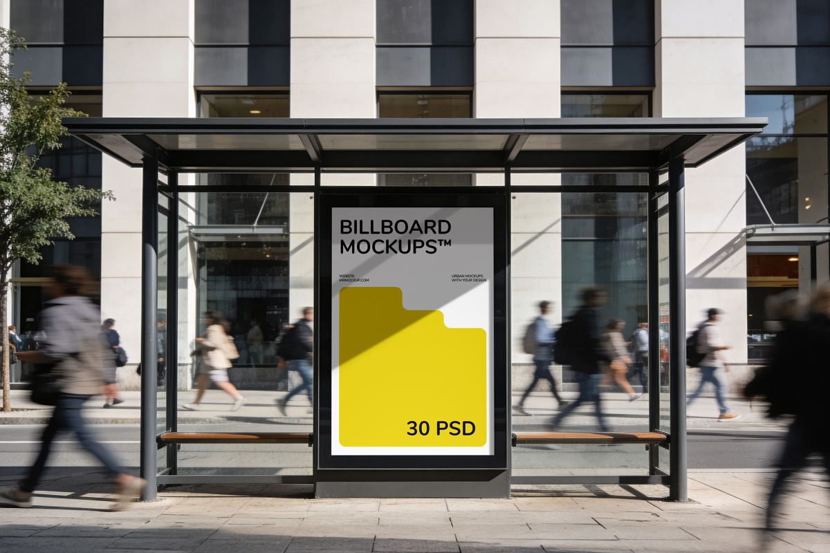 Front view of a glass bus shelter poster display with motion-blurred pedestrians walking past in front of a modern stone building.