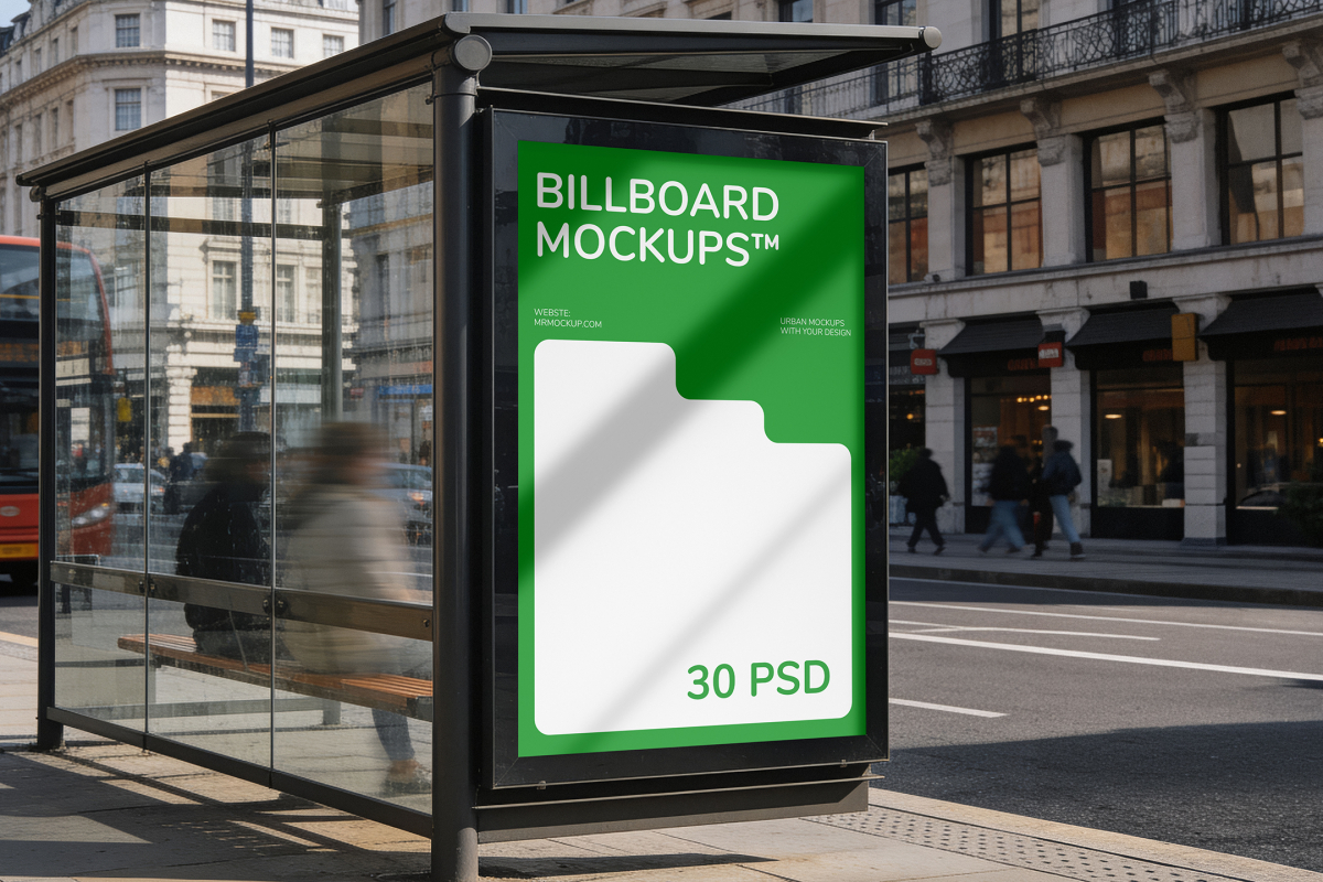 Vertical bus shelter advertising display on a street with classic European architecture and a red double-decker bus in the background.