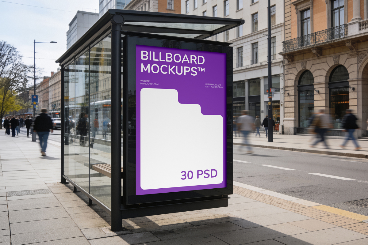 Glass bus shelter ad frame on a wide paved sidewalk with pedestrians walking past historic city buildings.