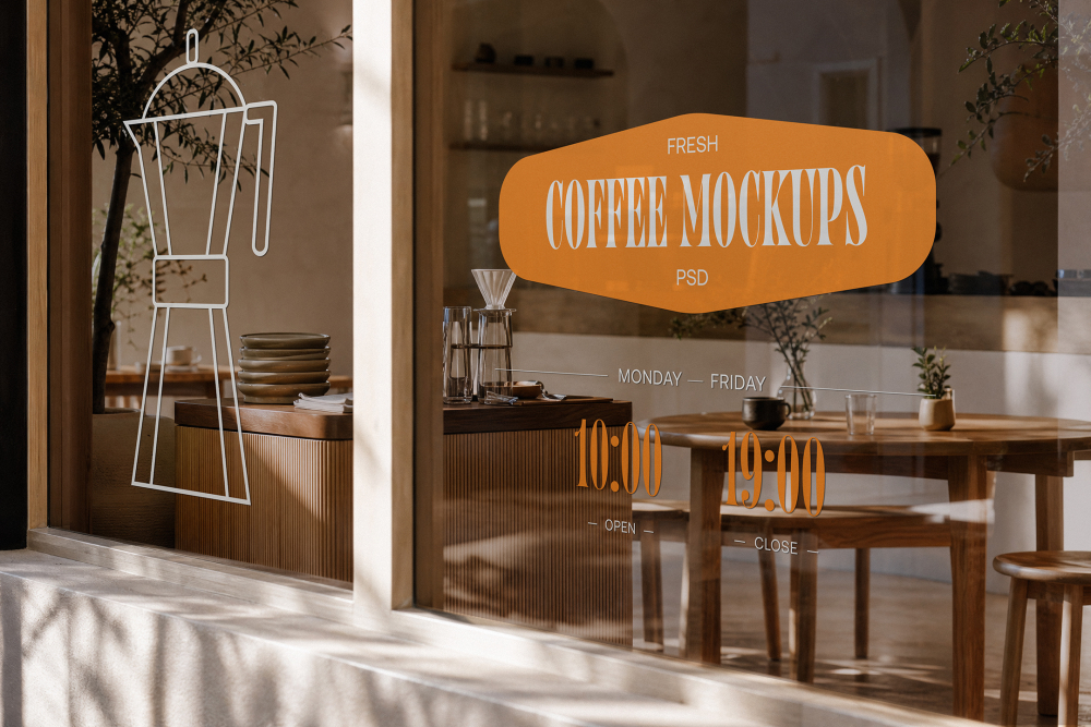 A coffee shop window displaying custom decals, including a white Moka pot illustration, an orange badge reading "Fresh Coffee Mockups PSD", and opening hours "10:00 - 19:00" on the glass.