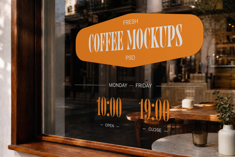 Close-up of a cafe window framed in dark wood with an orange sticker reading "Fresh Coffee Mockups PSD" and opening hours displayed on the glass.