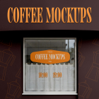 Front view of a coffee shop storefront with a dark brown patterned wall, large orange header text reading "COFFEE MOCKUPS", and a square window displaying business hours.