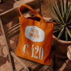 An orange canvas tote bag with custom white typography resting on a rustic wooden chair next to a potted agave plant on a stone floor.