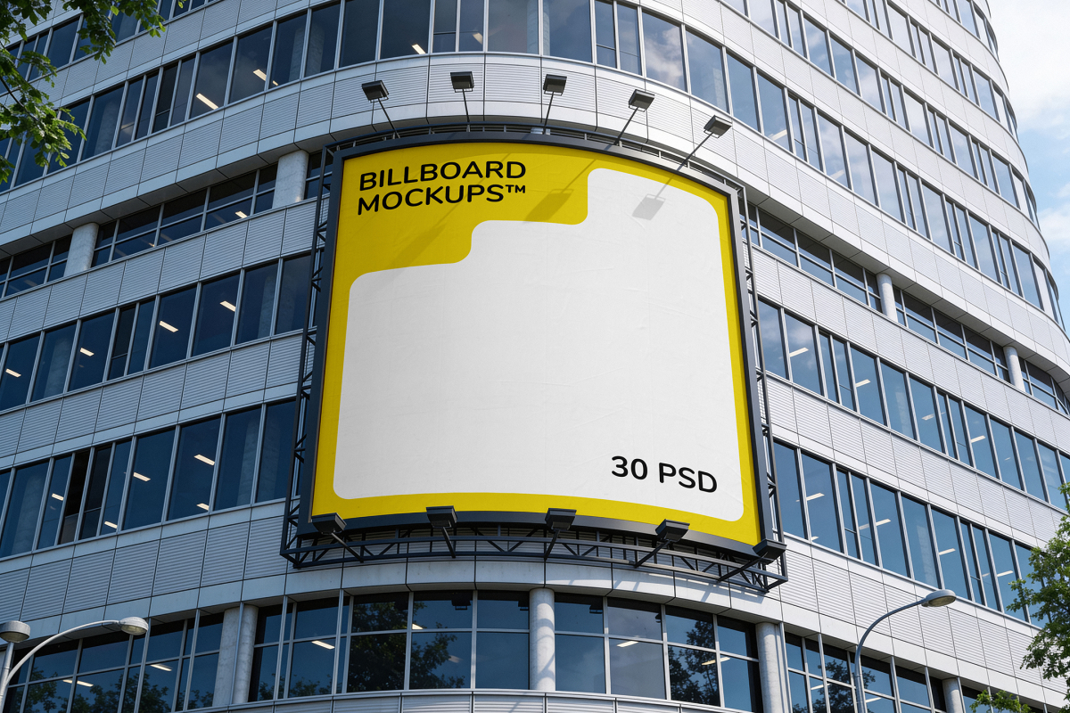 Large square outdoor billboard mounted on the curved glass facade of a modern office building, with overhead and bottom spotlights.