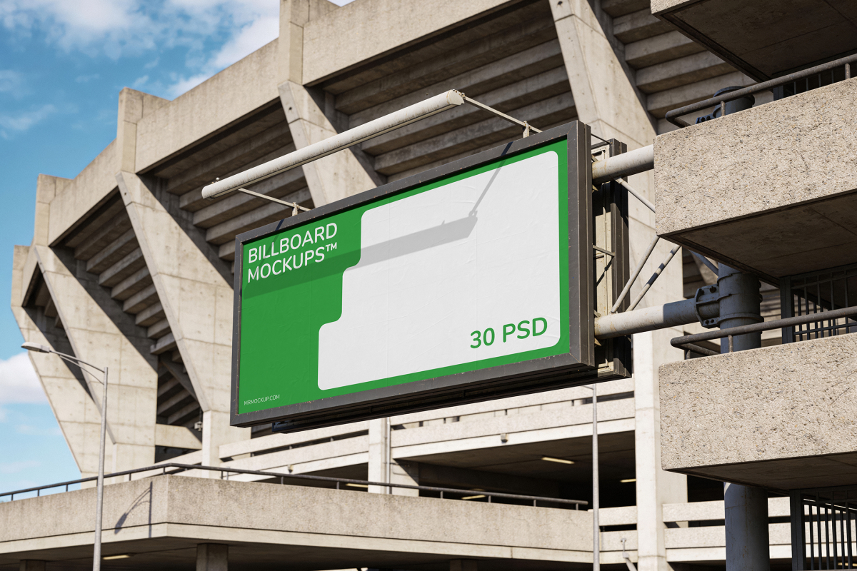 Horizontal outdoor advertising billboard mounted on a metal frame attached to a concrete stadium structure.