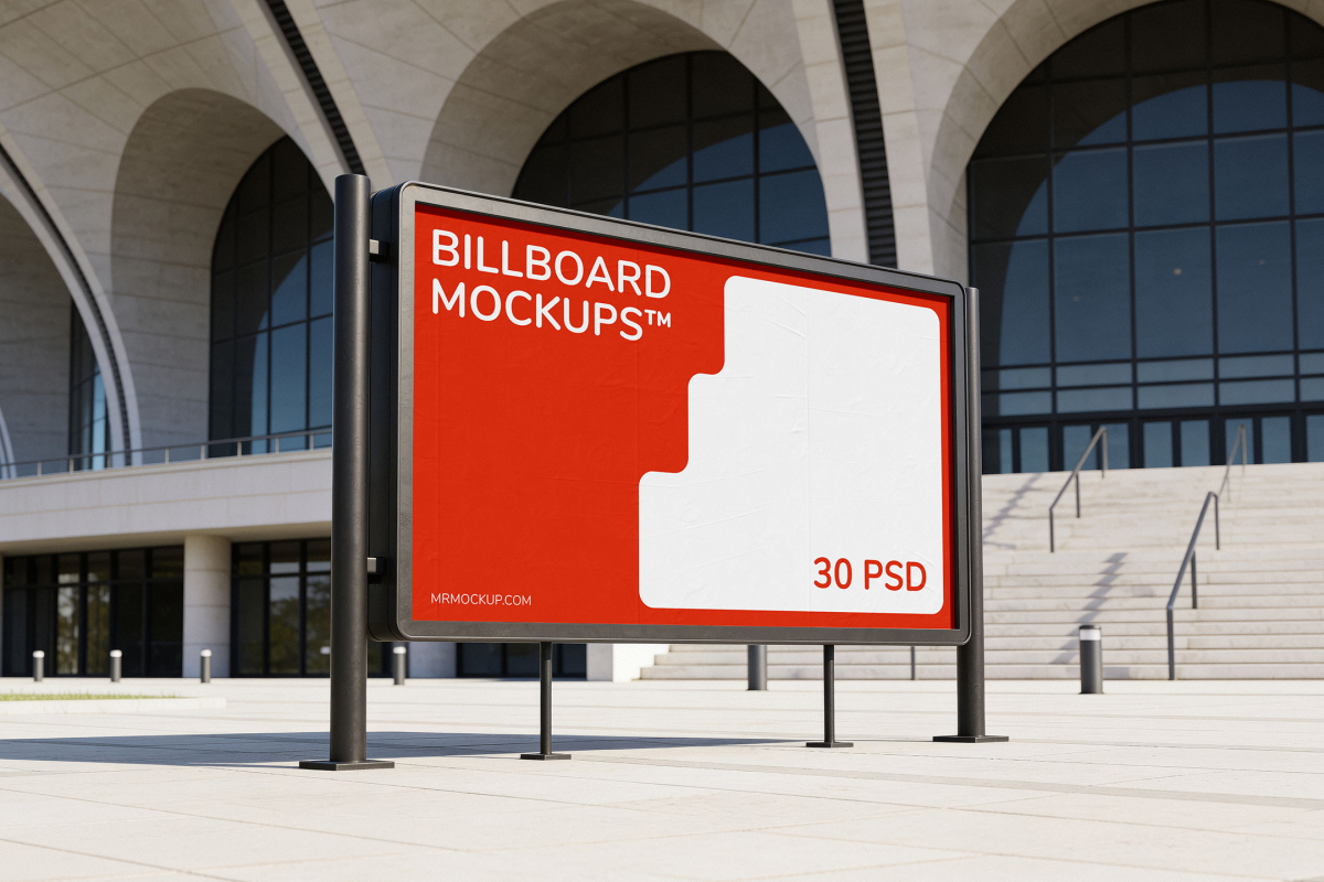 Wide horizontal outdoor billboard display standing on a paved plaza in front of a modern building with large concrete arches.