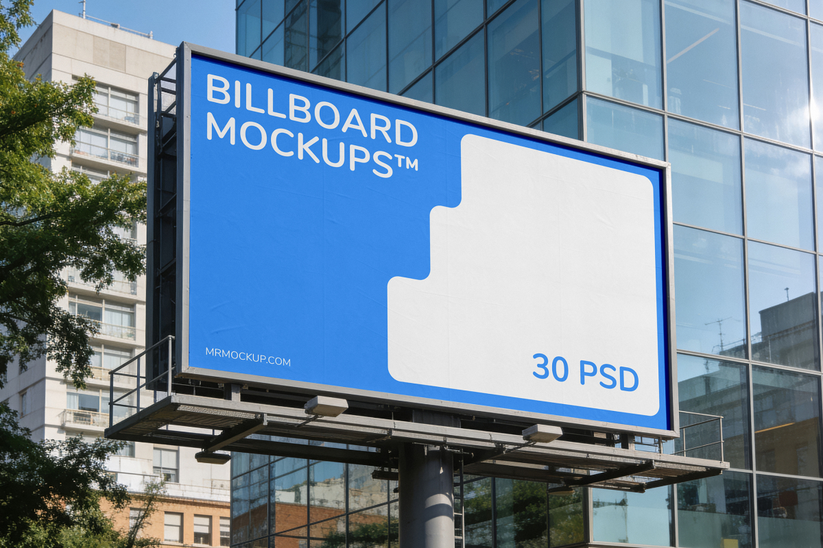 Large horizontal outdoor billboard on a steel post positioned in front of a modern glass skyscraper.