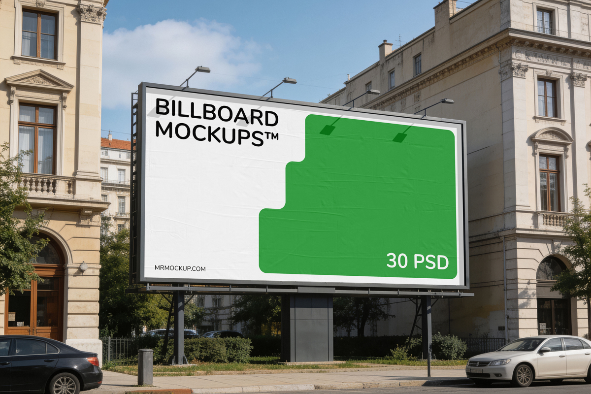 Large freestanding roadside billboard with spotlights set along a city street with historic European buildings and parked cars.