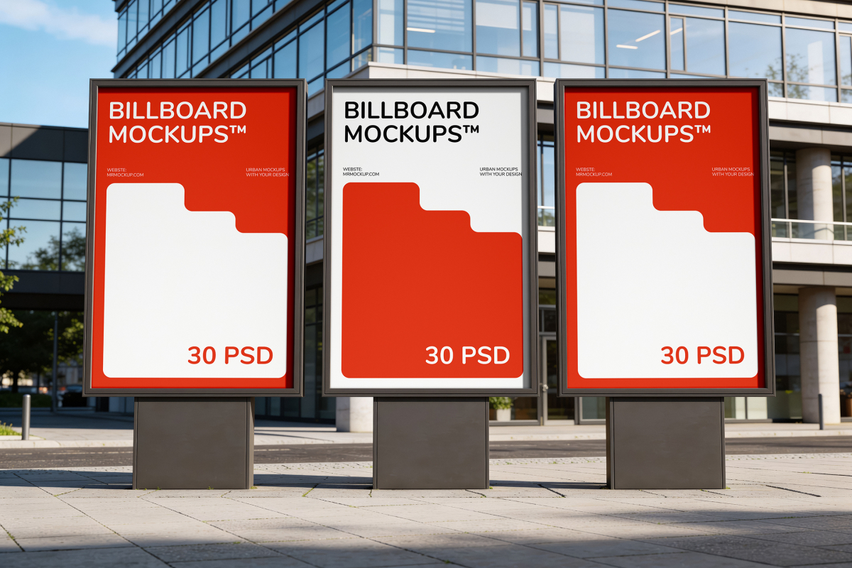 Three vertical freestanding poster displays lined up on a sidewalk in front of a modern glass office building.