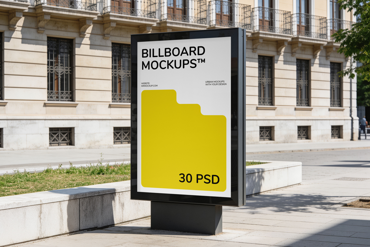 Vertical freestanding ad poster display on a paved sidewalk in front of a classic European building with balconies.