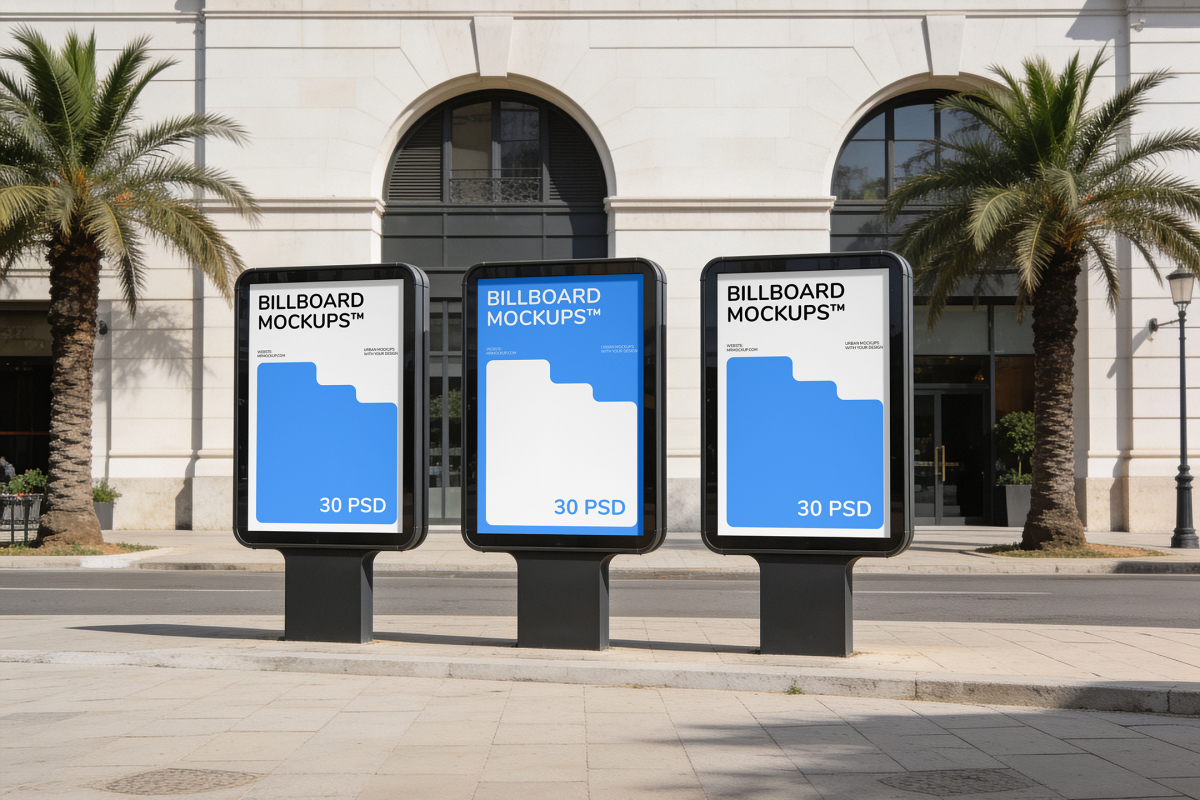 Three vertical freestanding billboard displays in a row along a sidewalk with palm trees and a classic white building background.