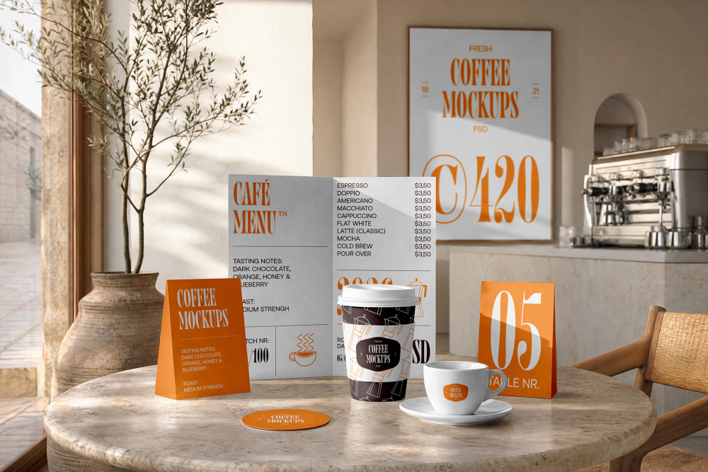 A complete coffee shop branding mockup set displayed on a round marble table, including a bi-fold menu, paper coffee cup, ceramic espresso cup, table tent, and framed wall poster.