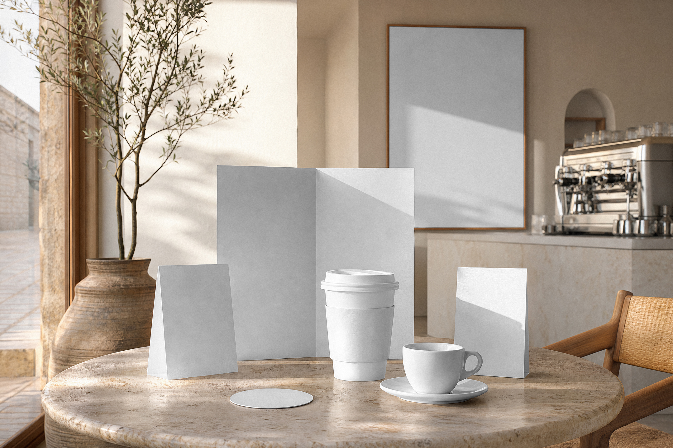 A collection of blank white coffee branding mockups, including a menu, paper coffee cup, espresso cup and saucer, and table tents on a round stone table.