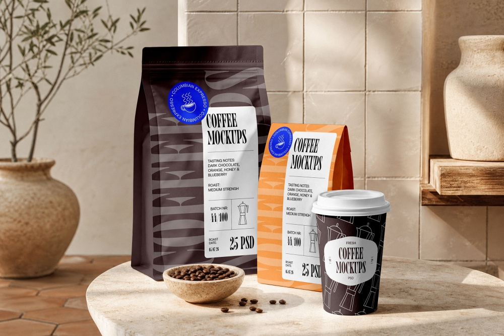 A set of coffee packaging mockups on a stone counter, featuring a dark brown coffee bag, an orange bag, a patterned paper cup, and a small bowl of roasted coffee beans.