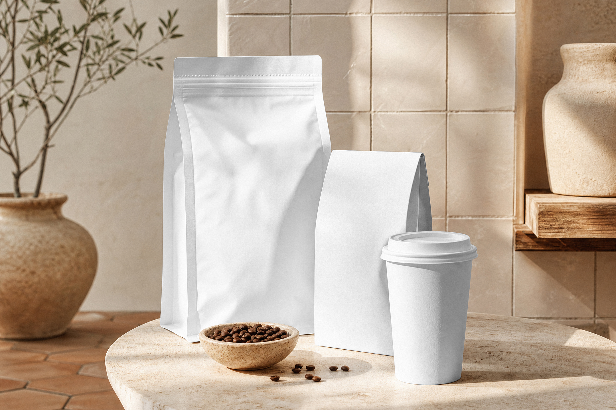 Blank white coffee packaging mockups consisting of two stand-up pouches and a takeaway paper cup next to a small bowl of coffee beans on a stone table.