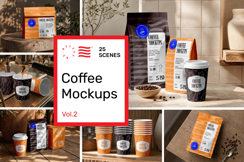 Product cover image from coffee mockups vol.2 showing six scenes from the product.