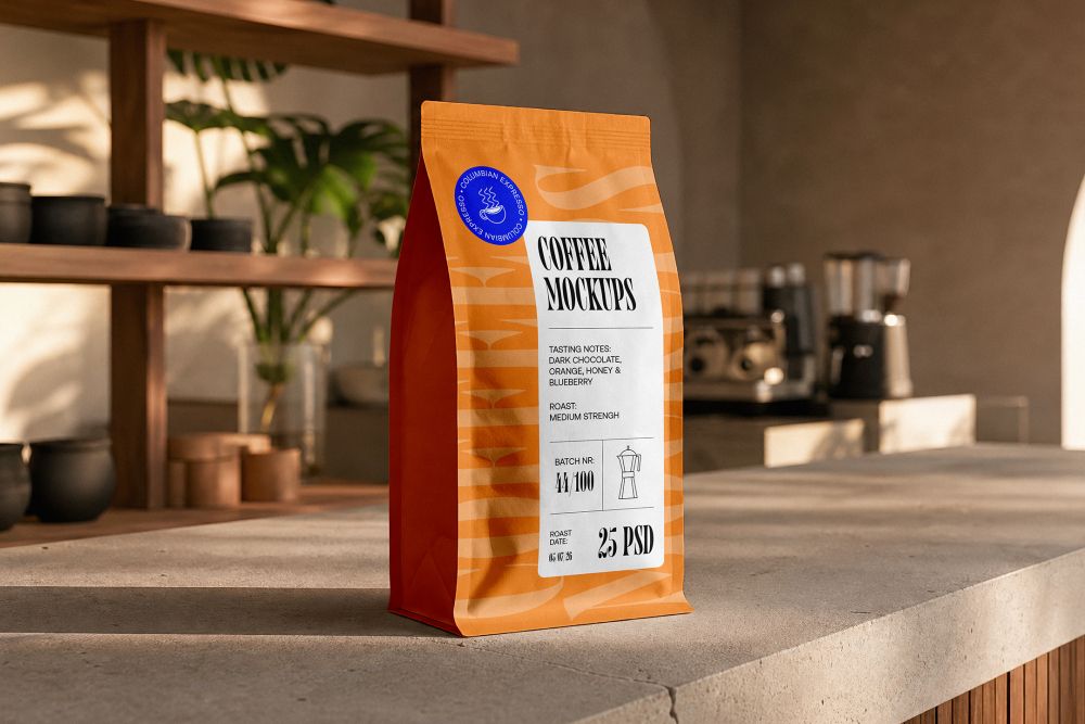 An orange stand-up coffee pouch with a custom label placed on a stone café countertop, with coffee machines blurred in the background.