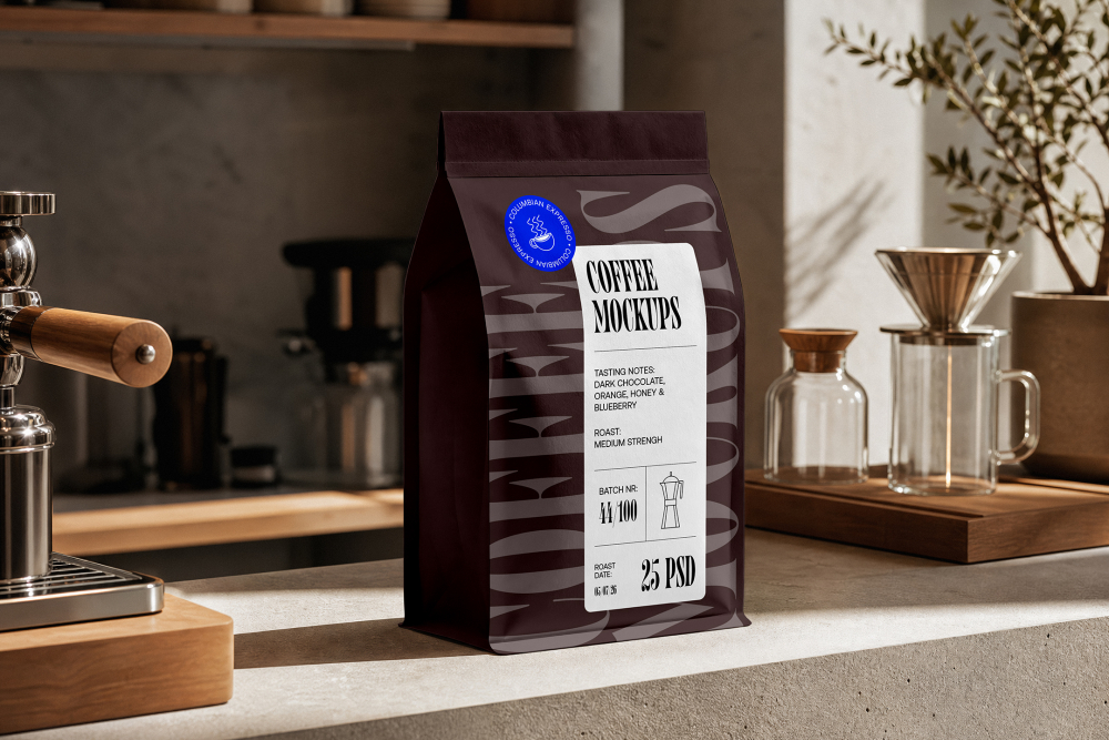 A dark brown coffee bean bag standing on a concrete kitchen counter alongside coffee brewing gear, including a pour-over dripper and espresso machine.