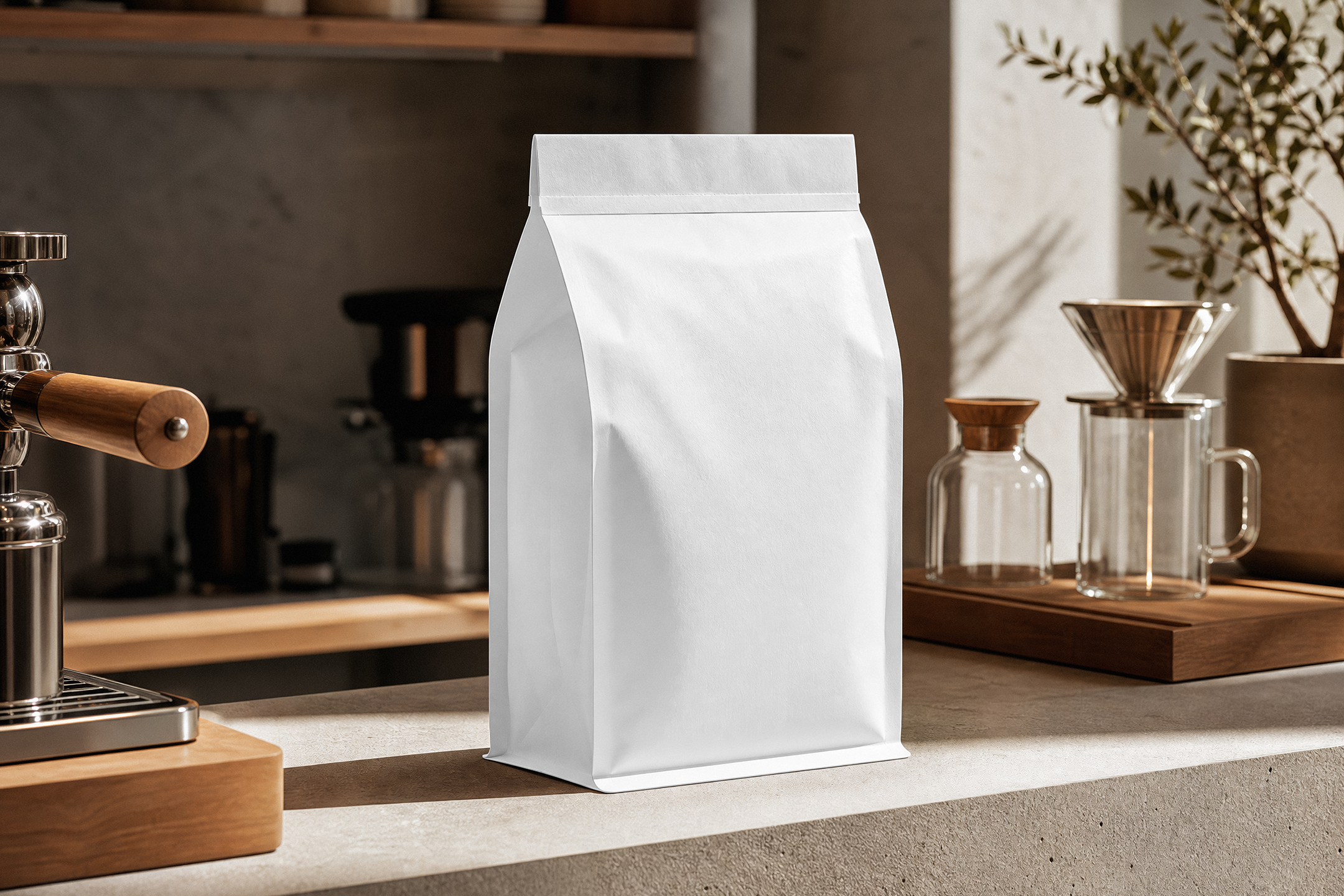 A blank white paper coffee bag standing on a counter next to an espresso machine portafilter and a glass pour-over dripper set.
