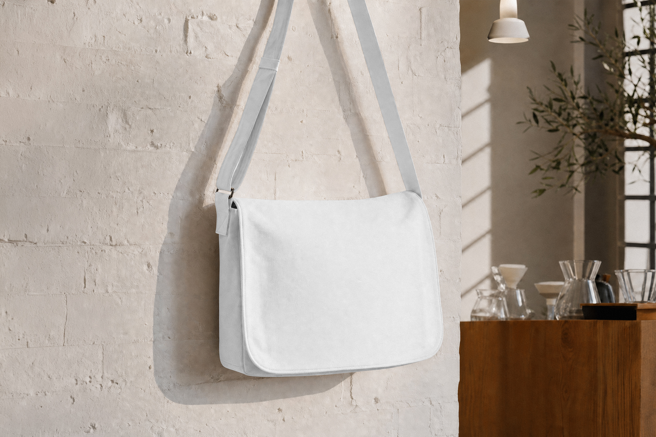A blank white canvas crossbody messenger bag hanging on a textured white brick wall in a modern café setting.