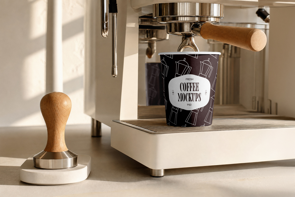 A dark paper coffee cup sitting directly under the group head of a modern cream-colored espresso machine, next to a wooden tamper.