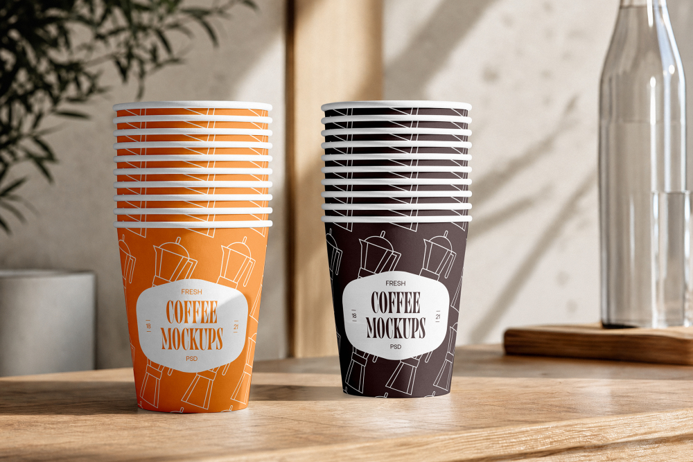 Two neatly stacked piles of paper coffee cups—one orange and one dark brown—sitting side by side on a wooden countertop.