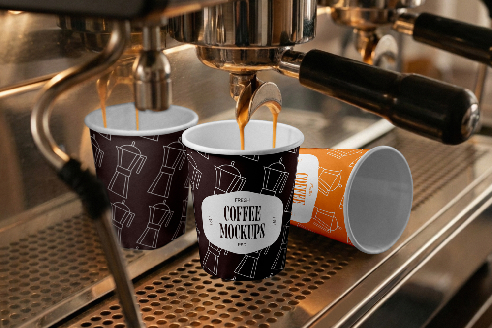 An espresso machine pouring coffee into a dark paper cup on a stainless steel drip tray, with two additional branded paper cups beside it.