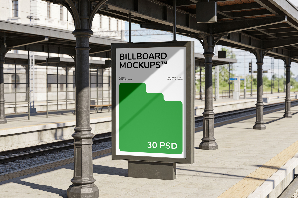Vertical advertising poster display standing on an outdoor railway station platform under a metal roof structure.