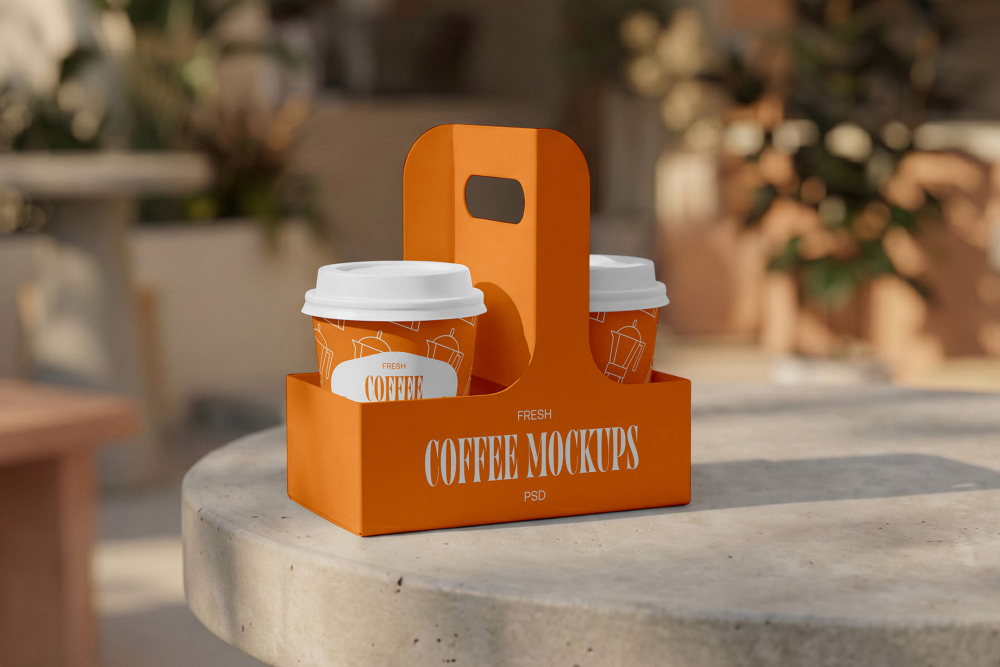 An orange cardboard drink carrier holding two paper coffee cups with white lids, sitting on a round concrete table in an outdoor café setting.