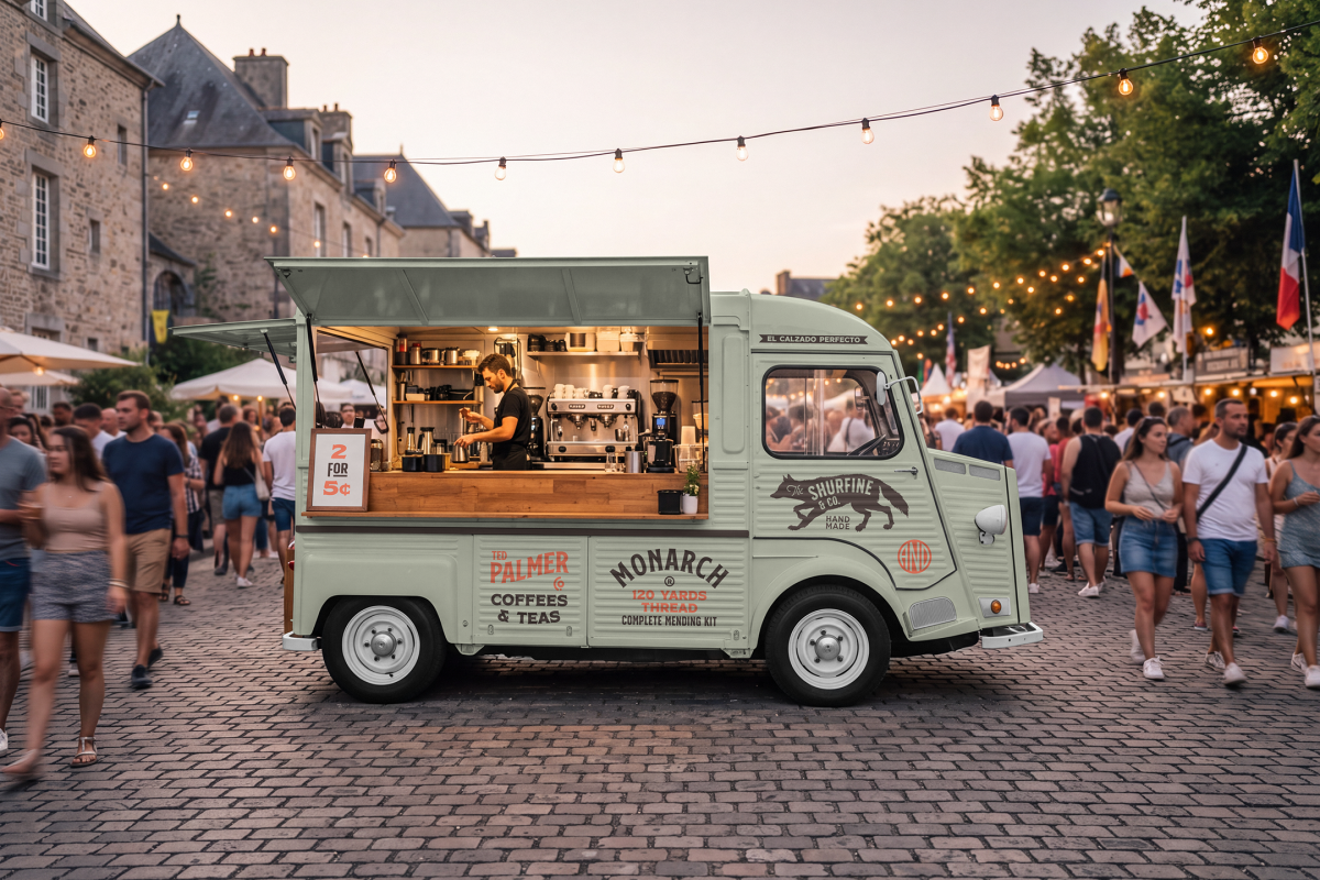 Vintage mint green food truck mockup with an open hatch serving coffee and teas, set up at an outdoor evening festival with overhead string lights and crowds of people.