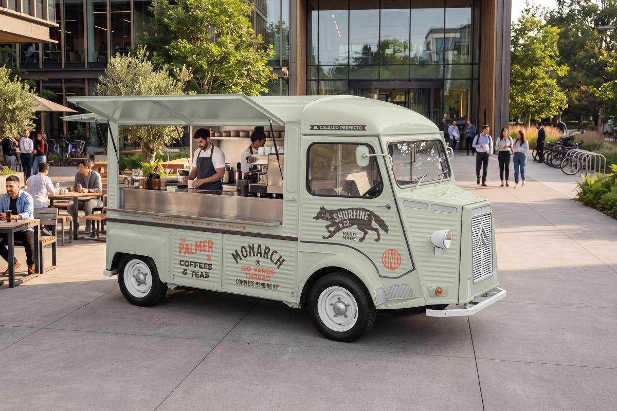 Front-three-quarter view of a vintage light green coffee and tea food truck mockup with an open hatch and staff working inside, parked in an urban courtyard with outdoor seating.
