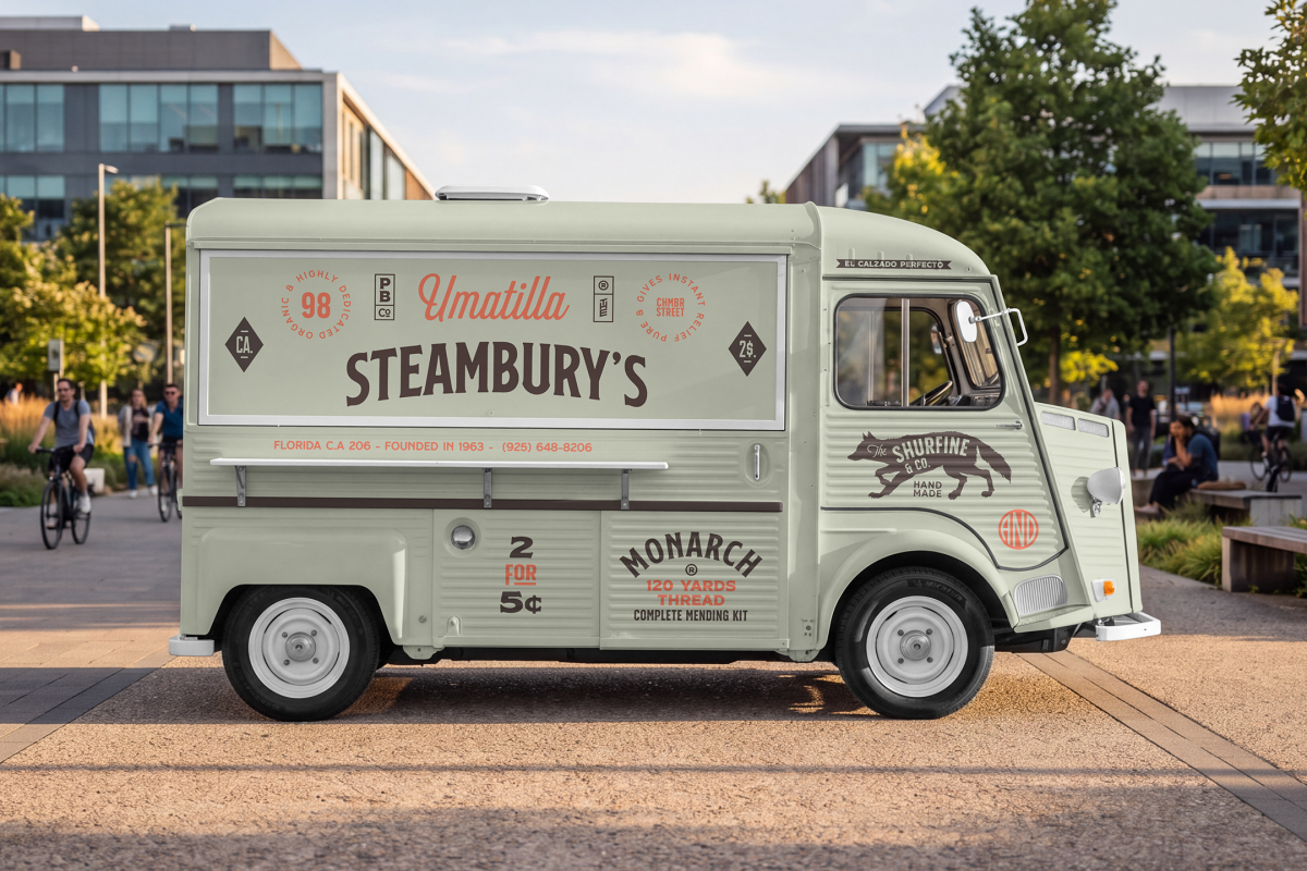 Side view of a vintage mint green food truck mockup with a closed hatch, parked on a paved walkway in a modern urban park setting.