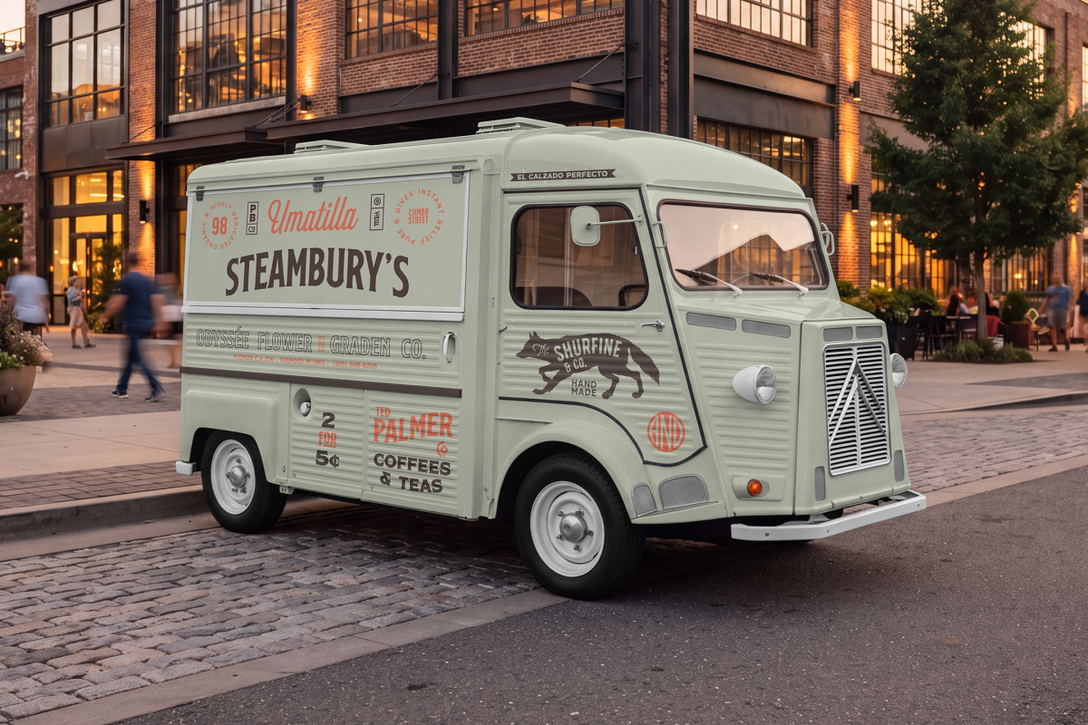 Side-angle view of a vintage light green food truck mockup parked along a cobbled street curb in front of modern brick buildings at dusk.