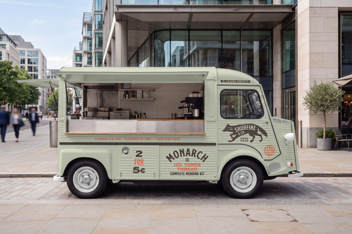 Side profile of a vintage light green coffee food truck mockup with open side and rear hatches, parked on a wide paved sidewalk near modern glass office buildings.