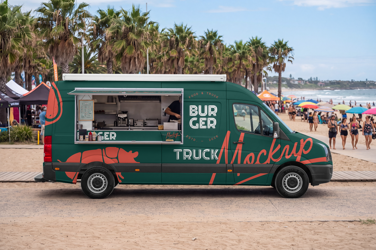 Side view of a dark green food truck mockup with an open service window, parked near a sandy beach with palm trees and people enjoying a sunny day in the background.