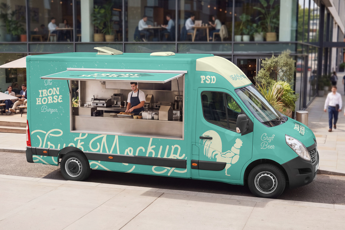 High-angle view of a turquoise food truck mockup with an open service window and a chef preparing burgers inside, parked along an urban street near a modern office building.