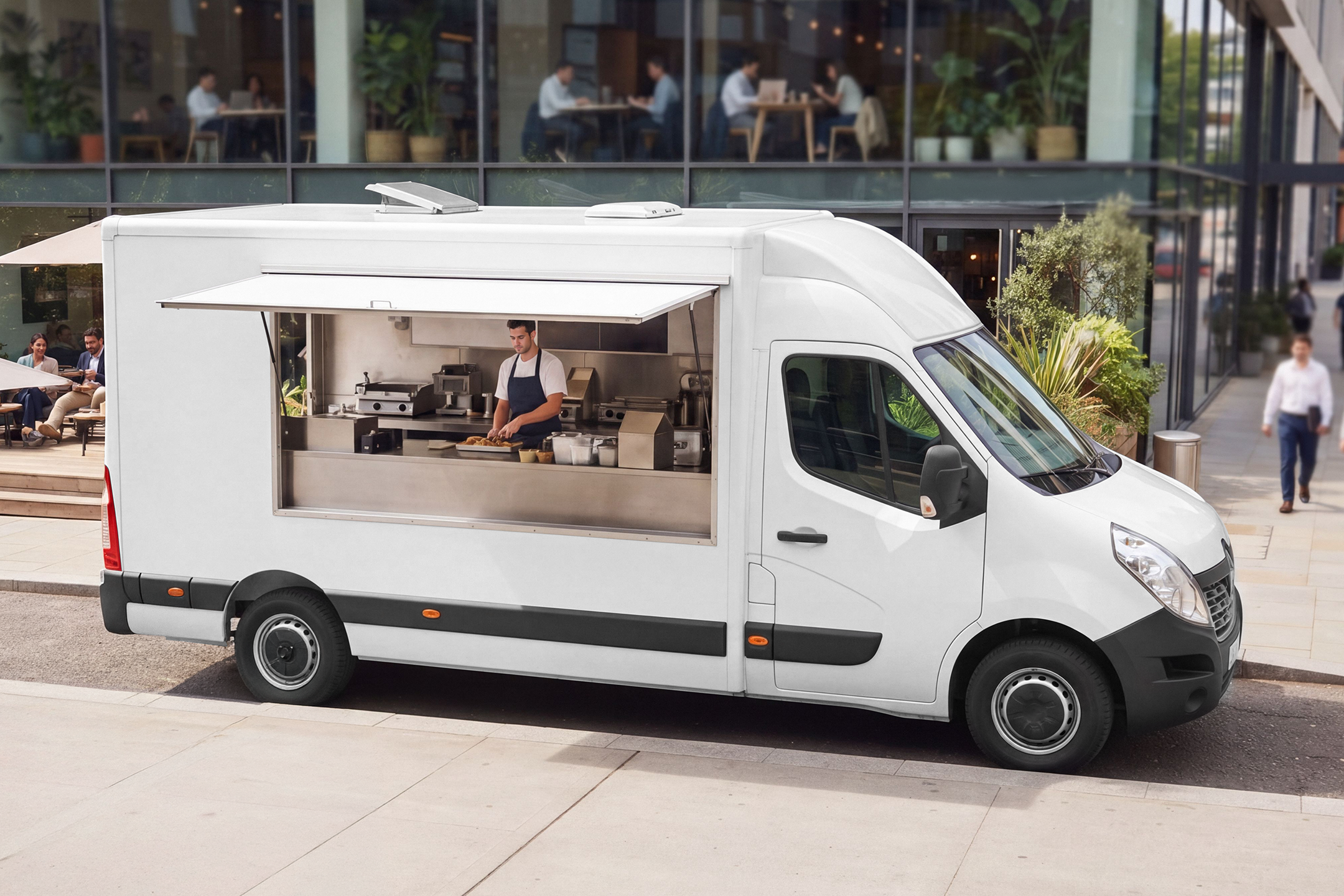 White van food truck mockup with open hatch and chef working inside, parked outside a modern office building.
