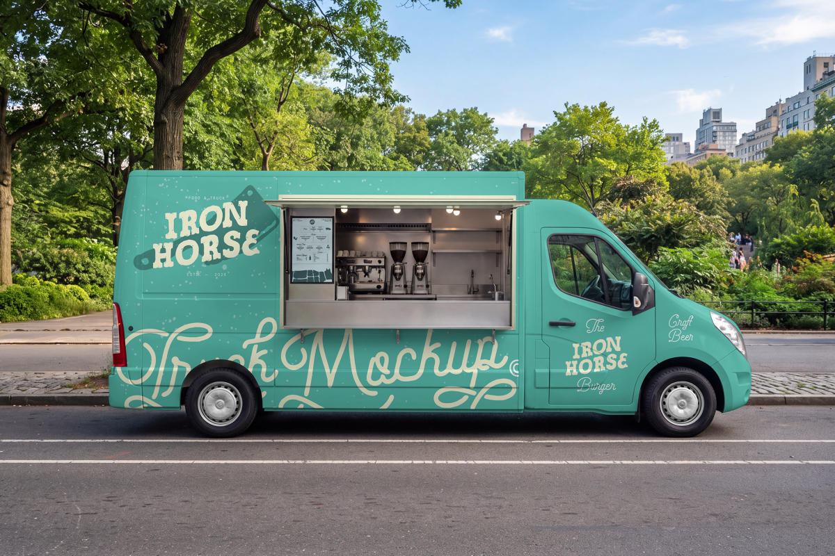 Side profile of a turquoise coffee and burger food truck mockup with an open hatch displaying espresso equipment, parked on an empty street lined with lush green trees.
