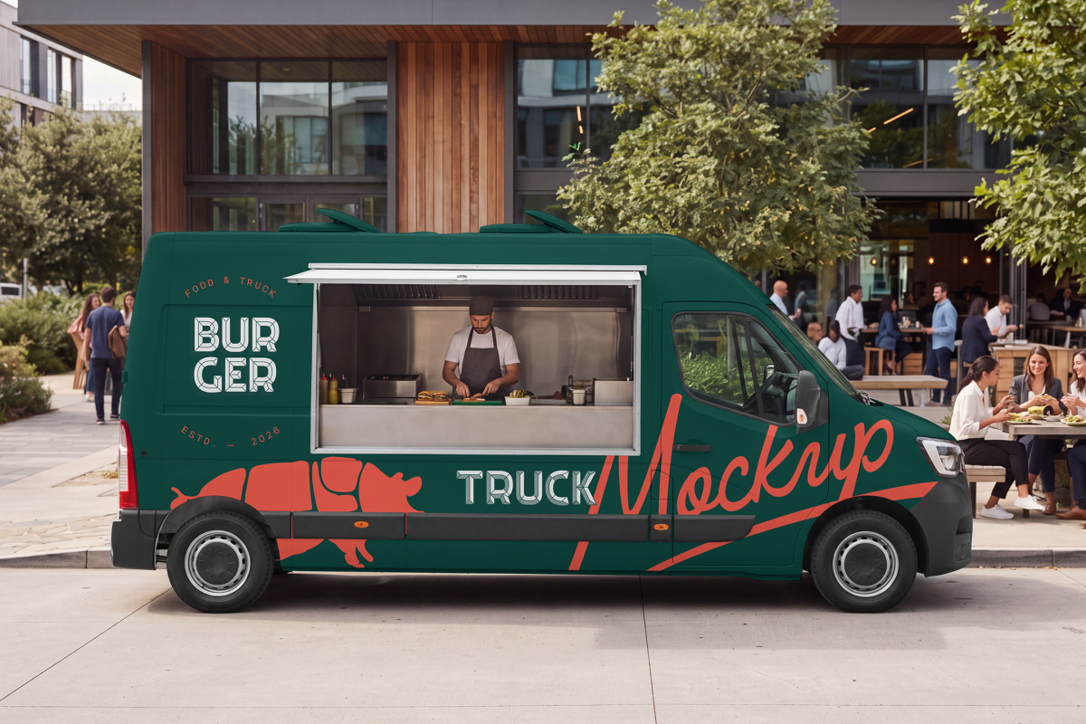Side view of a dark green burger food truck mockup with an open service hatch and a chef preparing food inside, parked next to an outdoor cafe seating area.