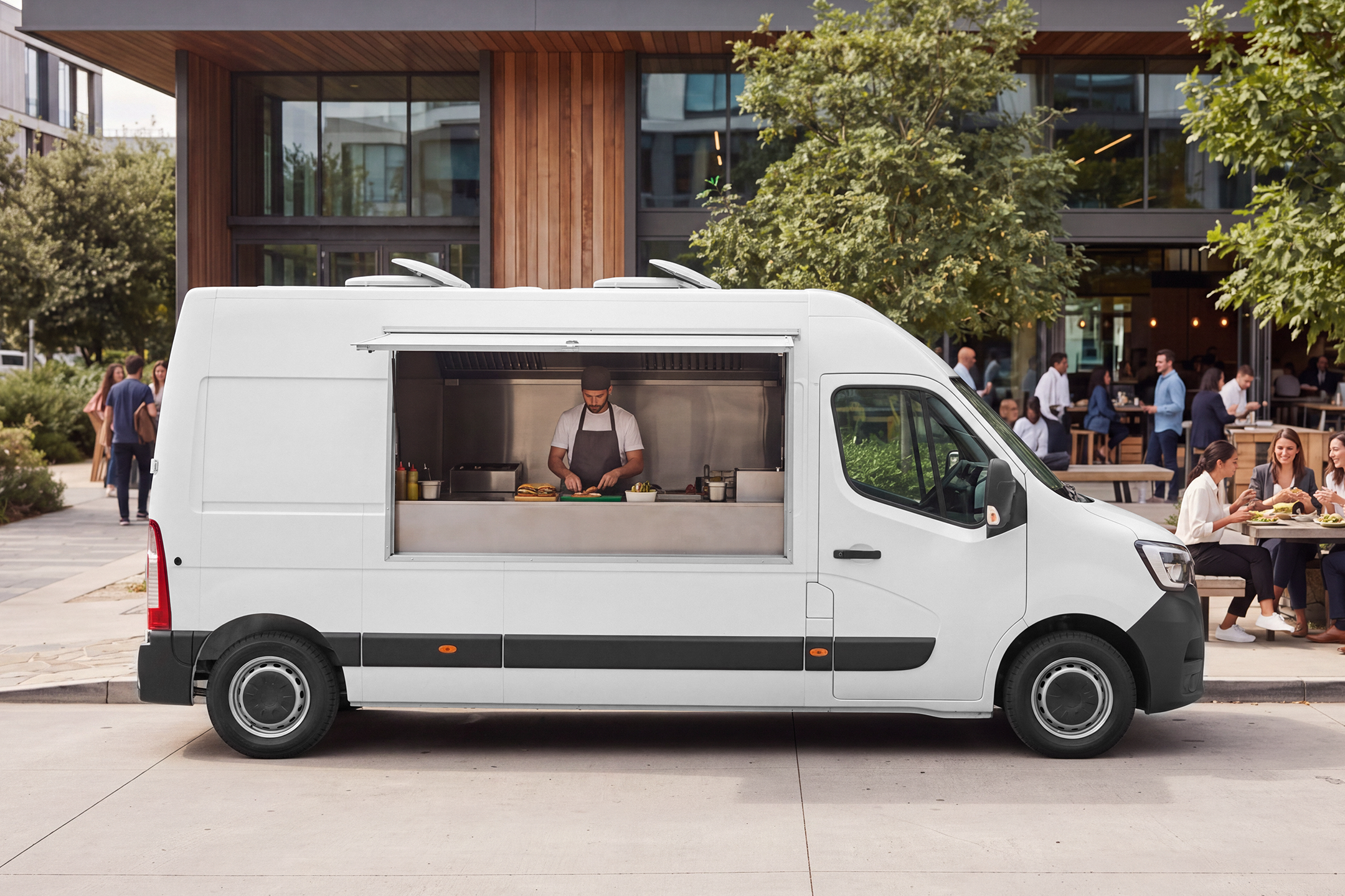 Side view of a white food truck mockup with open hatch and chef preparing food near an outdoor cafe terrace.