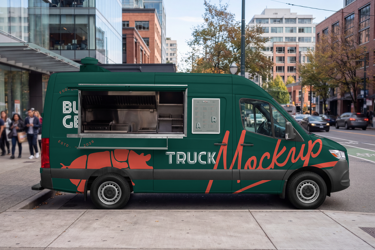 Profile view of a dark green food truck mockup with an open service window and a posted menu, parked along a city street curb in front of glass office buildings.